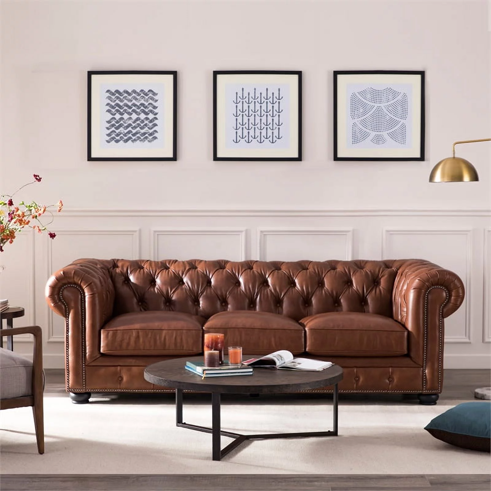 Bowery Hill 20" Traditional Leather Tufted Back Chesterfield Sofa in Chestnut