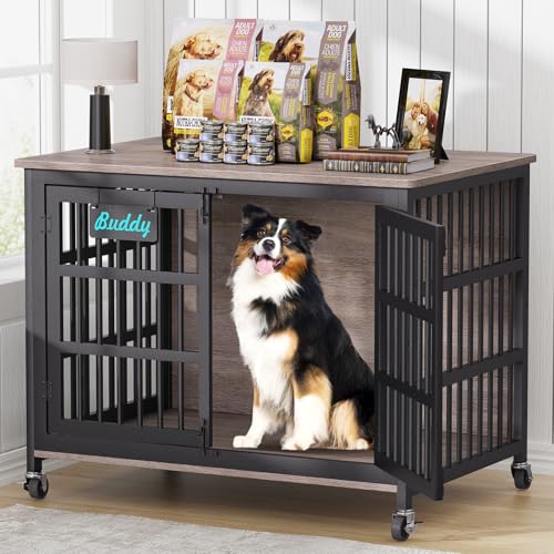 EasyCom 48"/42"/33" Dog Crate Furniture with Name Tag, Heavy Duty Dog Kennel Indoor for Large Dogs