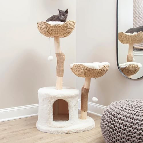The Sanctuary Cat Tree - Luxury Cat Condo, Large Modern Indoor Tower with 3 Faux Fur Beds, Scratching Posts, and Toys for Cats