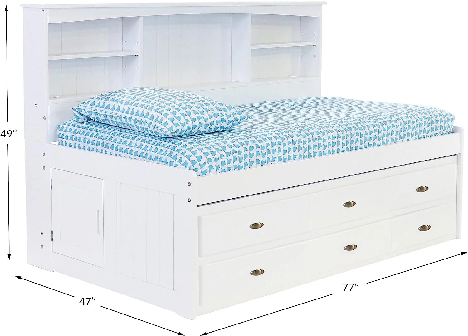 Discovery World Furniture - Twin Size Bed Frame with Side Headboard Bookcase Captain Day Bed with 6 Drawers, Twin Size Bed with Storage, White