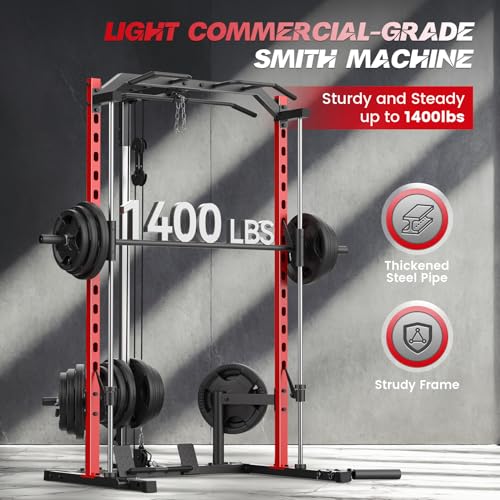 Smith Machine with LAT-Pull Down, Multi-Functional Smith Machine, Power Cage with Cable Crossover, Squat Rack with Landmine, Barbell Bar