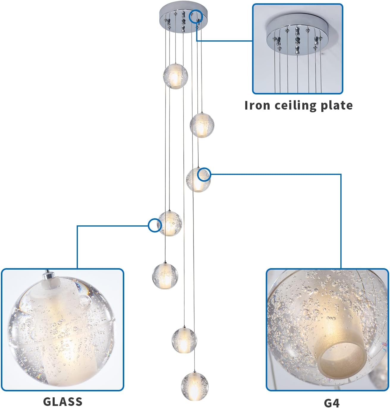 Modern Crystal Chandelier 7 Lights High Ceiling Chandelier Foyer Staircase Raindrop Ceiling Light Fixture Villa Crystal Ball Spiral Pendant Light for