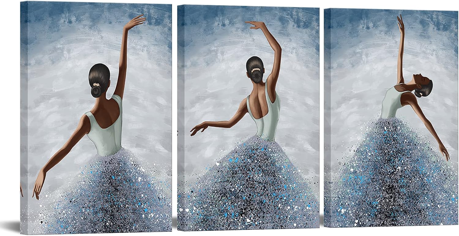 RyounoArt 3 Piece Woman Canvas Wall Art Blue Dancing Ballerina Painting Picture Elegant Girl Prints Artwork for Bedroom Living Room Wall Decor Framed