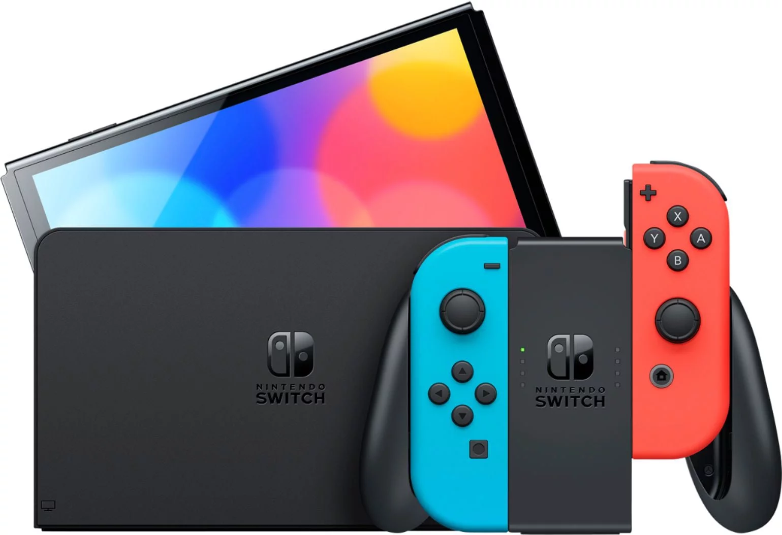 2021 New Nintendo Switch OLED Model Neon Red & Blue Joy Con 64GB Console HD Screen & LAN-Port Dock with Luigi'