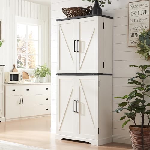 72" Tall Kitchen Pantry, Farmhouse Storage Cabinet with Barn Doors, Organizer, Drawer and Adjustable Shelves, Rustic Wood Cupboard for Kitchen