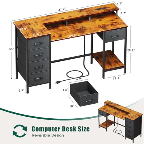 47 Inch Computer Gaming Desk with Power Outlets LED Lights Reversible Home Office with Adjustable Fabric Storage Drawers for Working Writing Study