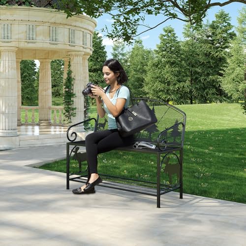 Outdoor Bench, Garden Bench with Backrest and Armrests, Patio Bench with Forest Series Pattern, Anti- Rust Thickened Metal Bench Outdoor for Garden