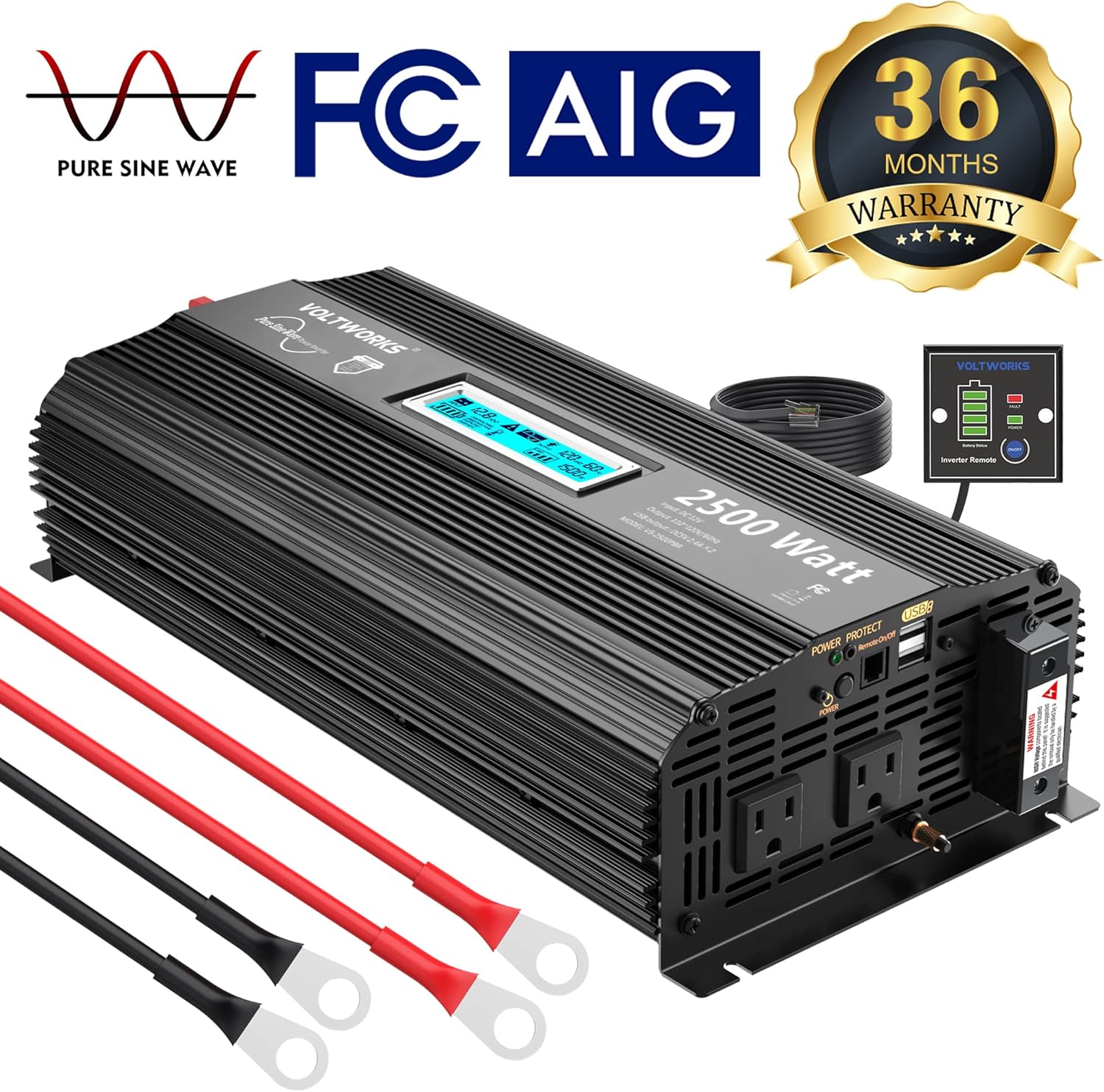 Pure Sine Wave 2500 Watt Car Power Inverter 2500w Converter DC 12V to 110V-120V AC with LCD Display 2 AC Outlets 2x2.4A USB Ports 1 AC Terminal Block