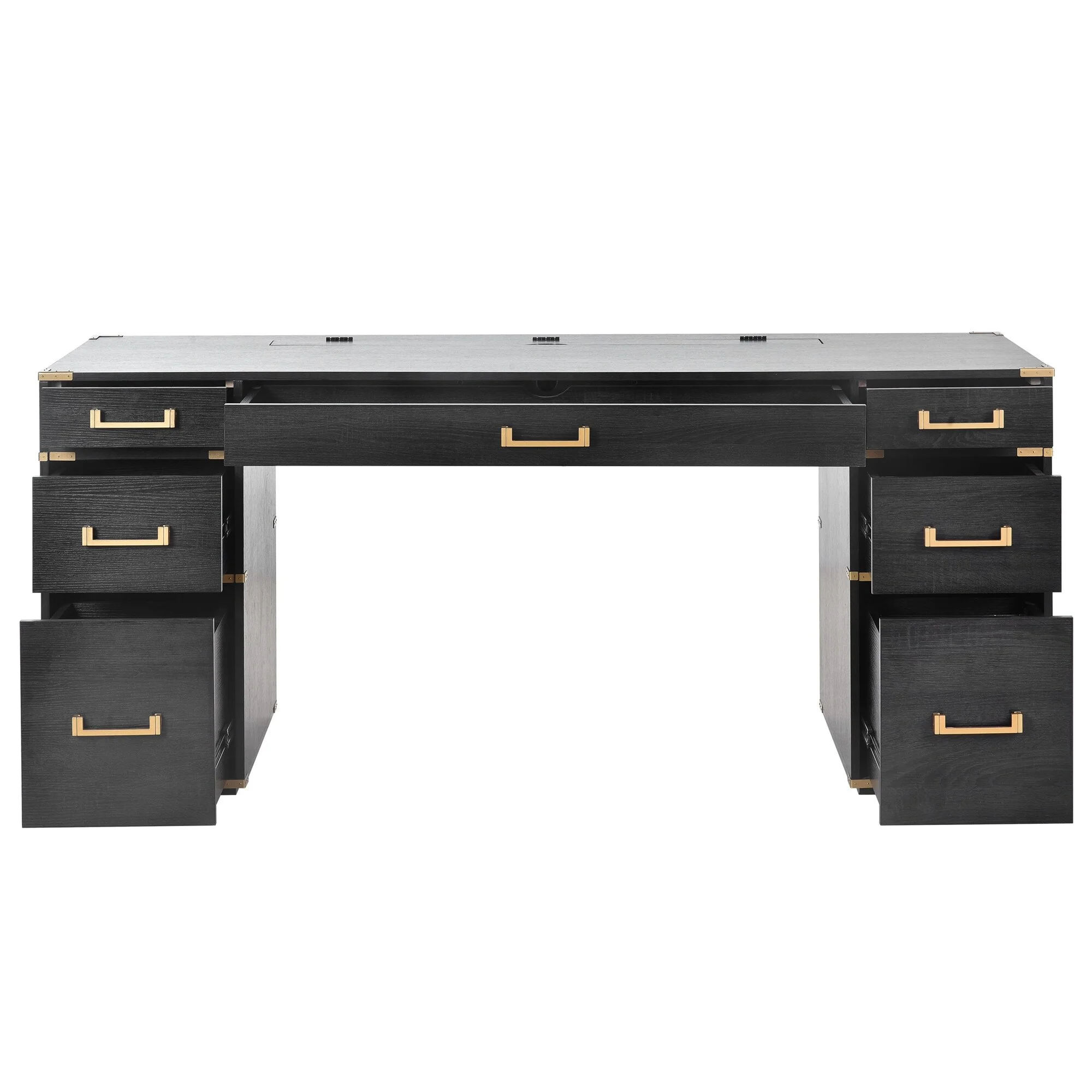 70" Traditional Executive Writing Desk with Metal Edge Trim, Drawers Black