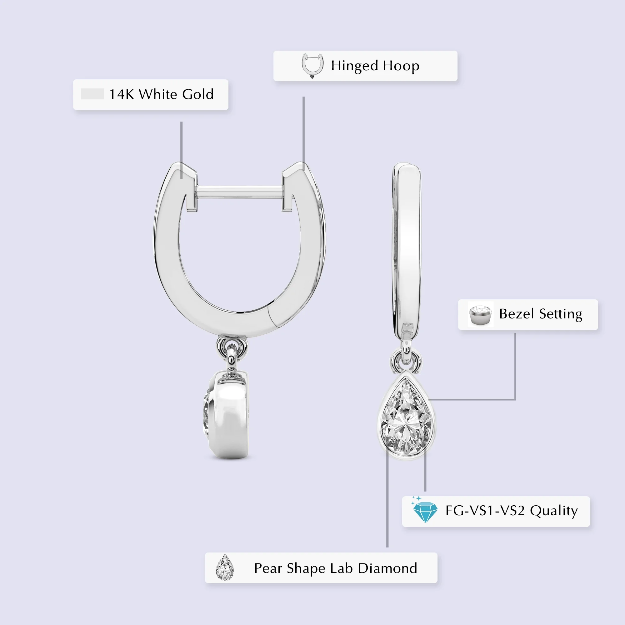 Diamond Dangle Earring | 1 Carat IGI Certified Pear Shape Lab Grown Diamond Dangle | 14K in White Gold | Zuri Bezel Lab Diamond Earrings | Bezel