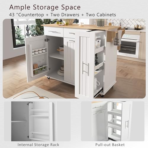 55.7'' Large Kitchen Island with 2 Drop Leaf, Rolling Kitchen Cart on 5 Wheels with Power Outlet
