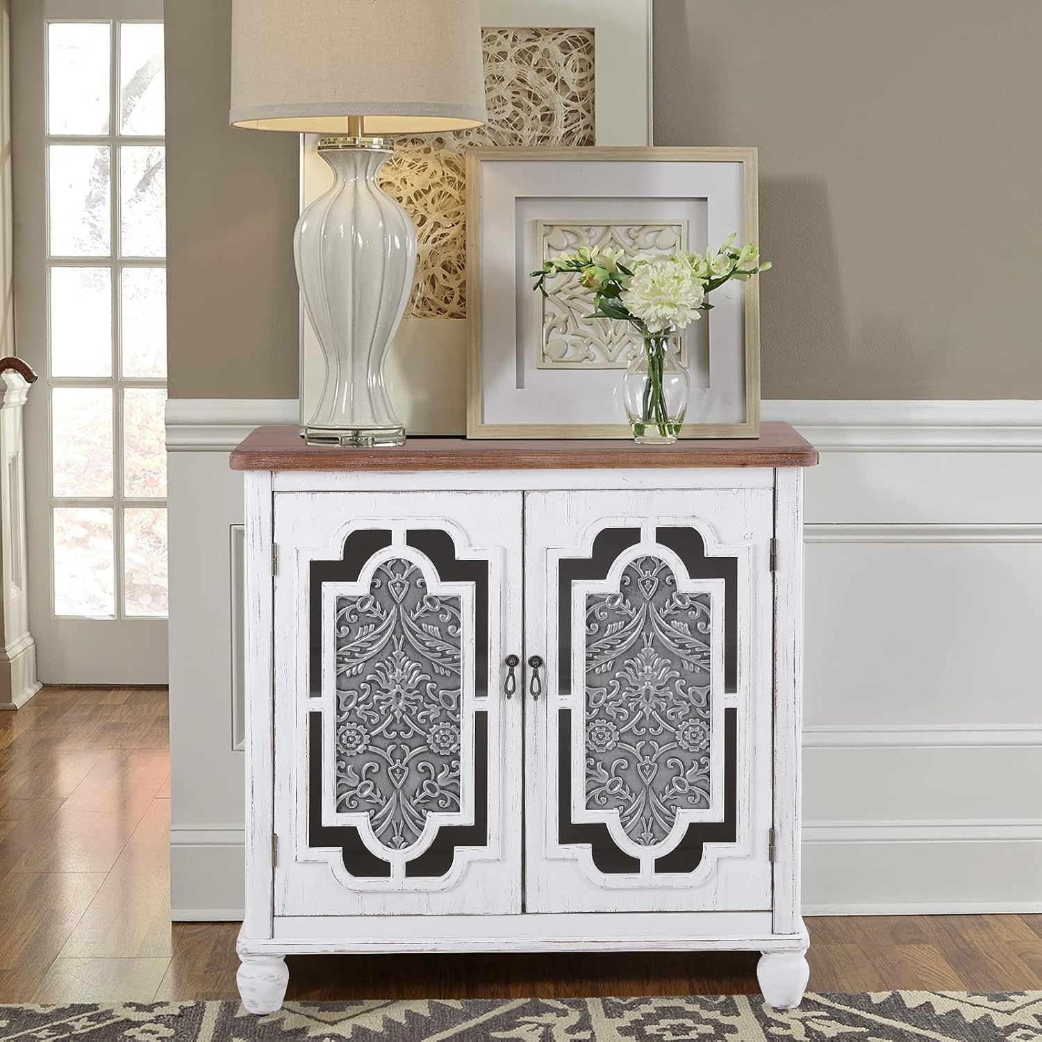 MAISON ARTS White Accent Cabinet with 2 Doors Storage Sideboard Buffet Cabinet for Living Room Kitchen Farmhouse Decorative Distressed Tall Cabinet