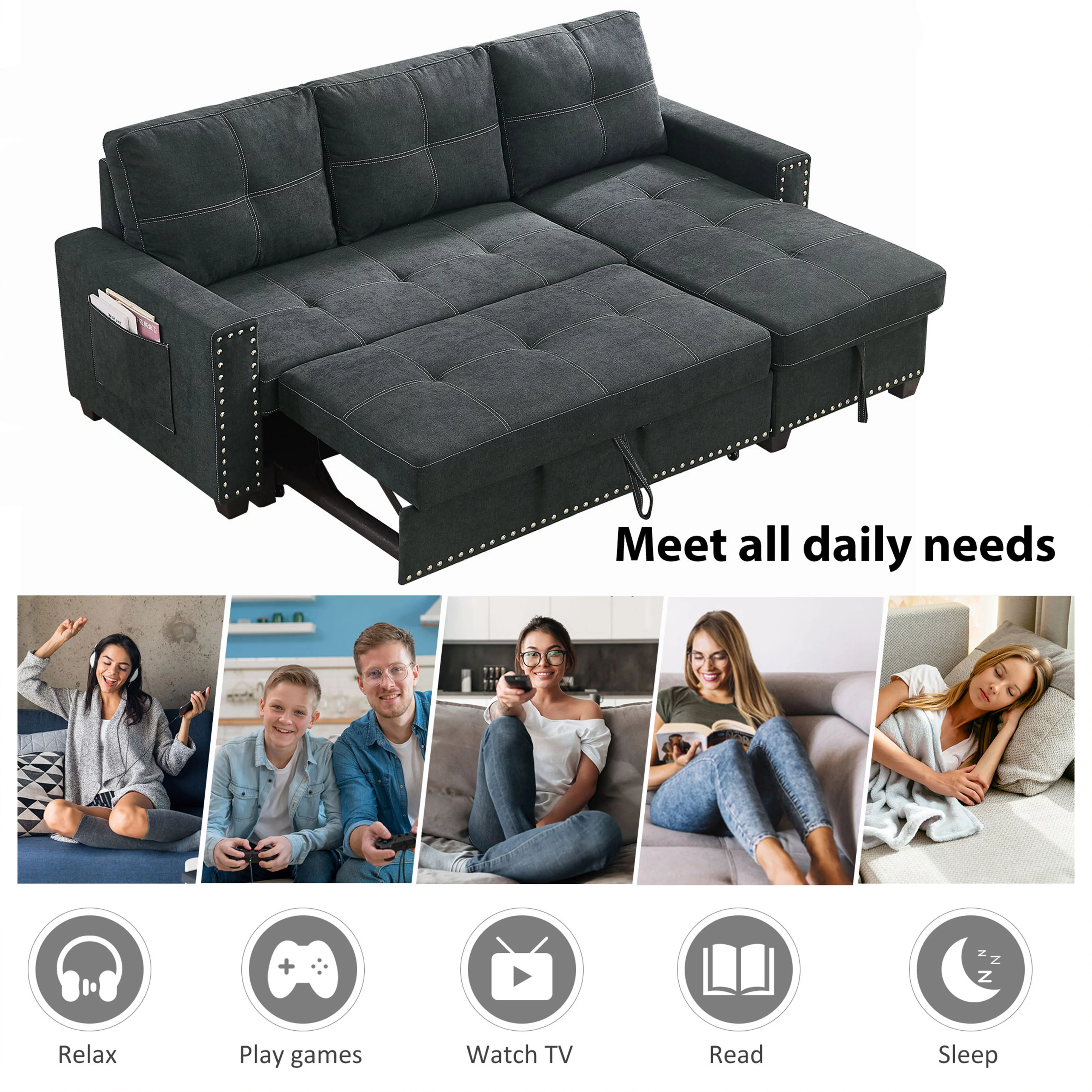 Muumblus 82" Sleeper Sofa Bed Reversible Sectional Couch with Storage Chaise, Modern Queen Size Convertible Pull Out Sofa Bed for Living Room