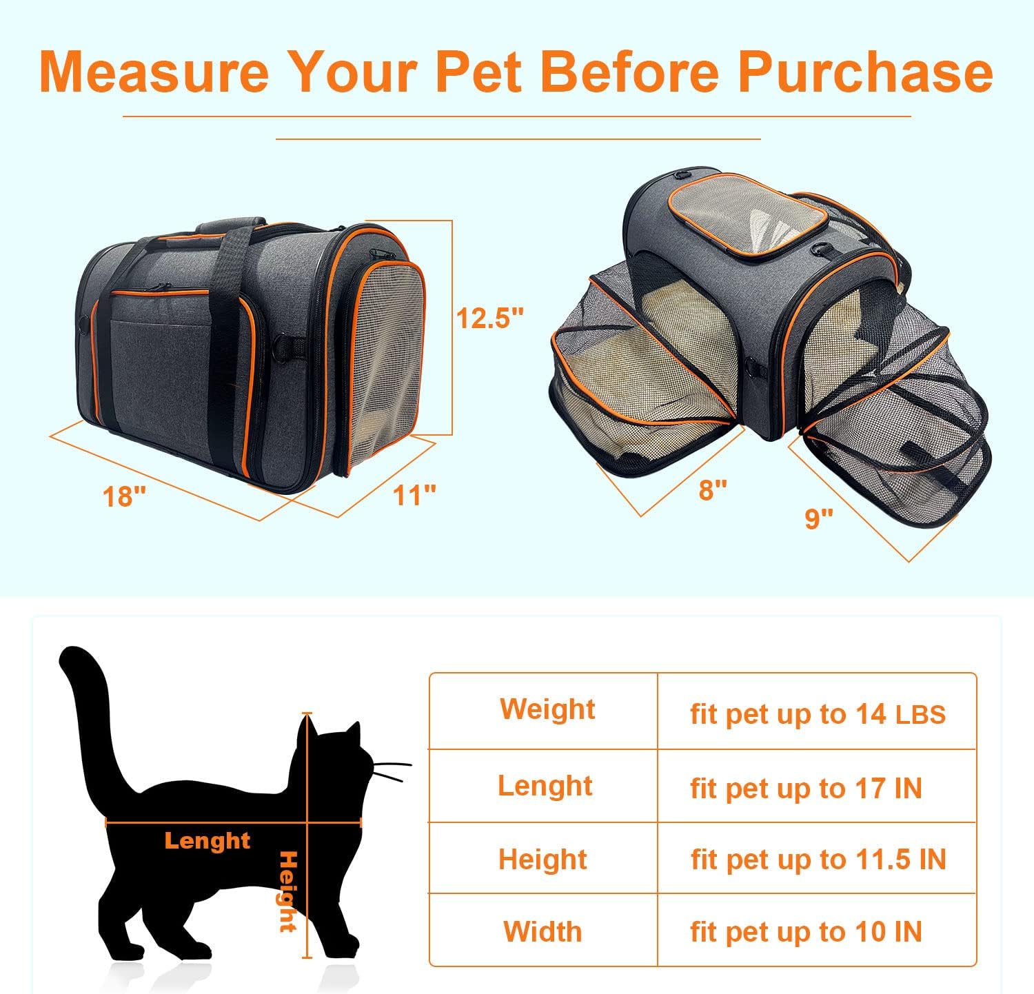 Cat Carrier, 3 Sides Expandable Foldable Pet Carrier for Medium Cat Small Dog