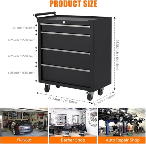 Rolling Tool Chest, 4 Drawers Tool Storage Cabinet, Toolbox with Wheels, Portable Tool Cabinet Organizer with Locking System & Drawer Liners