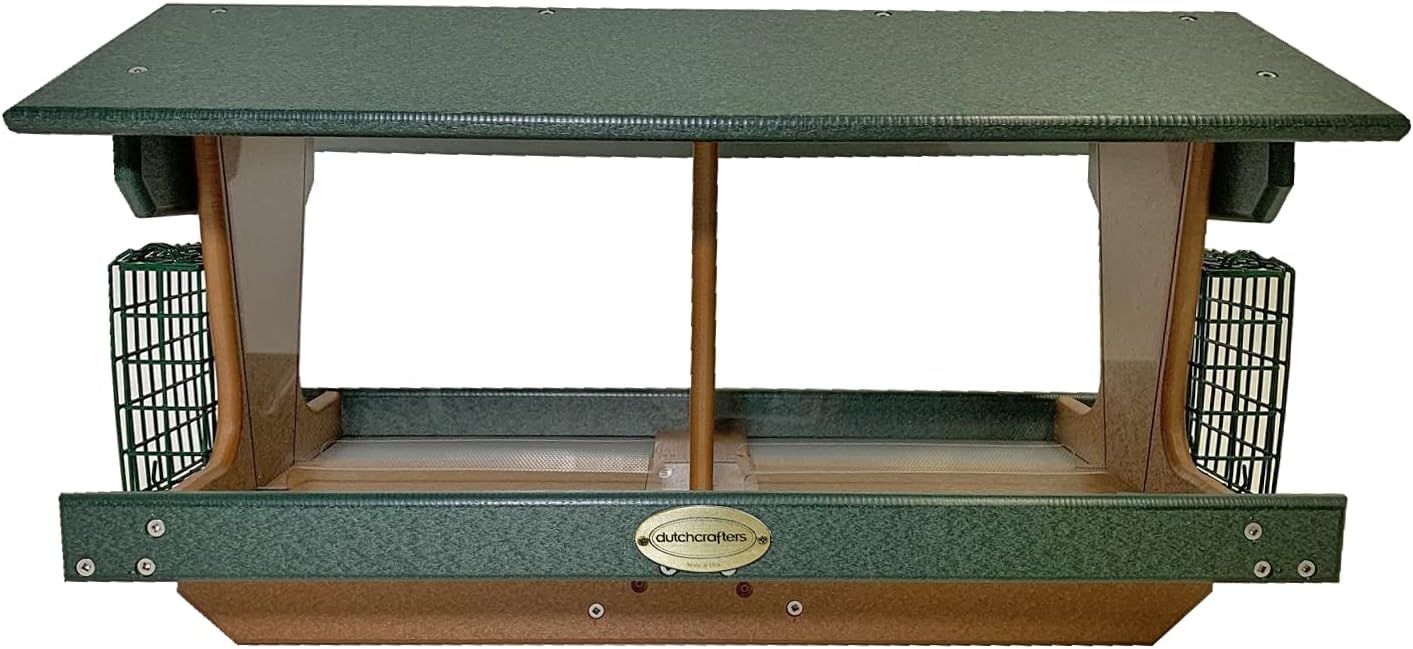 DutchCrafters Poly Plastic Large Double Hopper Bird Feeder with Two Suet Cake Holders, Outdoor Bird Feeder