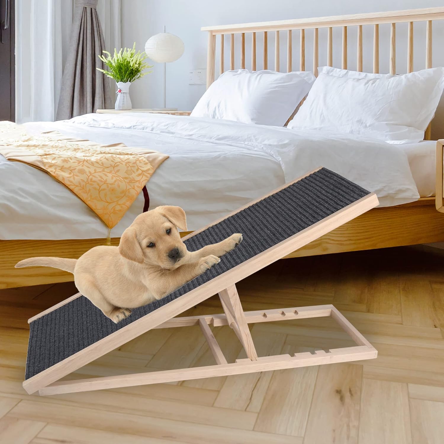 Domaker Wooden Pet Ramp for Dogs and Cats, Dog Ramp Height Adjust from 11.81inches to 23.6inches with Non Slip Carpet Surface for SUV, Bed, Couch
