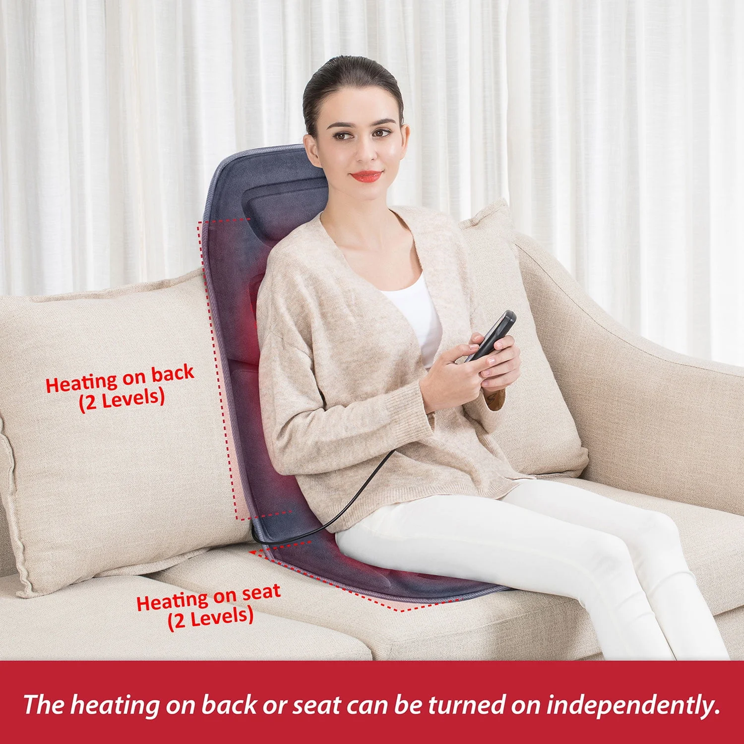 COMFIER Motors Massage Seat Cushion with 3 Level Heating Pad, Back Massager, Black, Gift for Men Women, Home/Car Use
