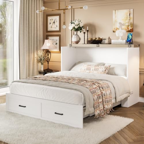 Queen Size Murphy Bed Cabinet with Charging Station, Farmhouse Murphy Bed with Large Storage Drawer, Foldable Wall Beds for Home Office, Small Room