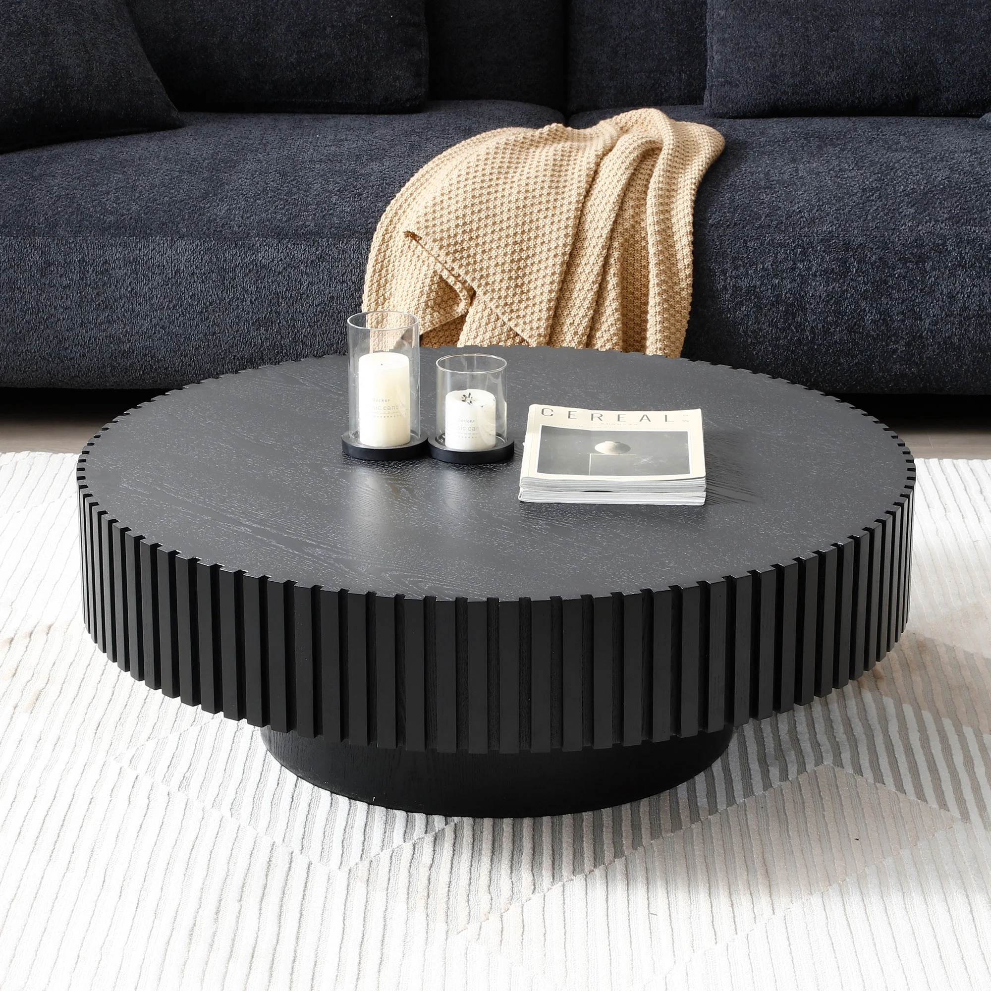 Kevinplus BLACK MDF Coffee Table 39.37inch Modern Handcraft Drum Coffee Table Round Wood Coffee Table for Living Room, Apartment