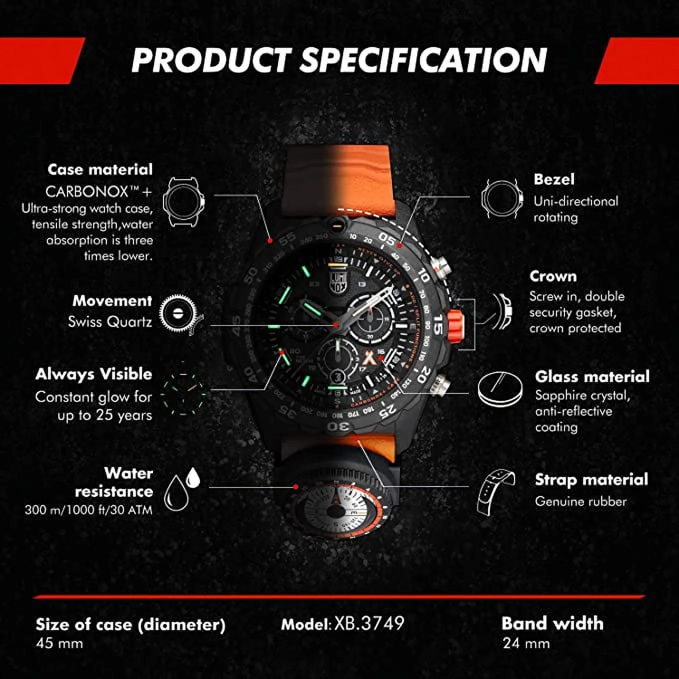 Luminox Bear Grylls Mens Watch Survival Master Series - 3749: 45mm Black/Orange Stainless Steel Swiss Made 300 M Water Resistance - Radiant Selections