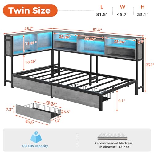 DICTAC Corner Twin Bed Frame with Bookcase Storage and Led Lights Metal Twin Size Platform Beds with Storage and Charging Station Twin Daybed with 2