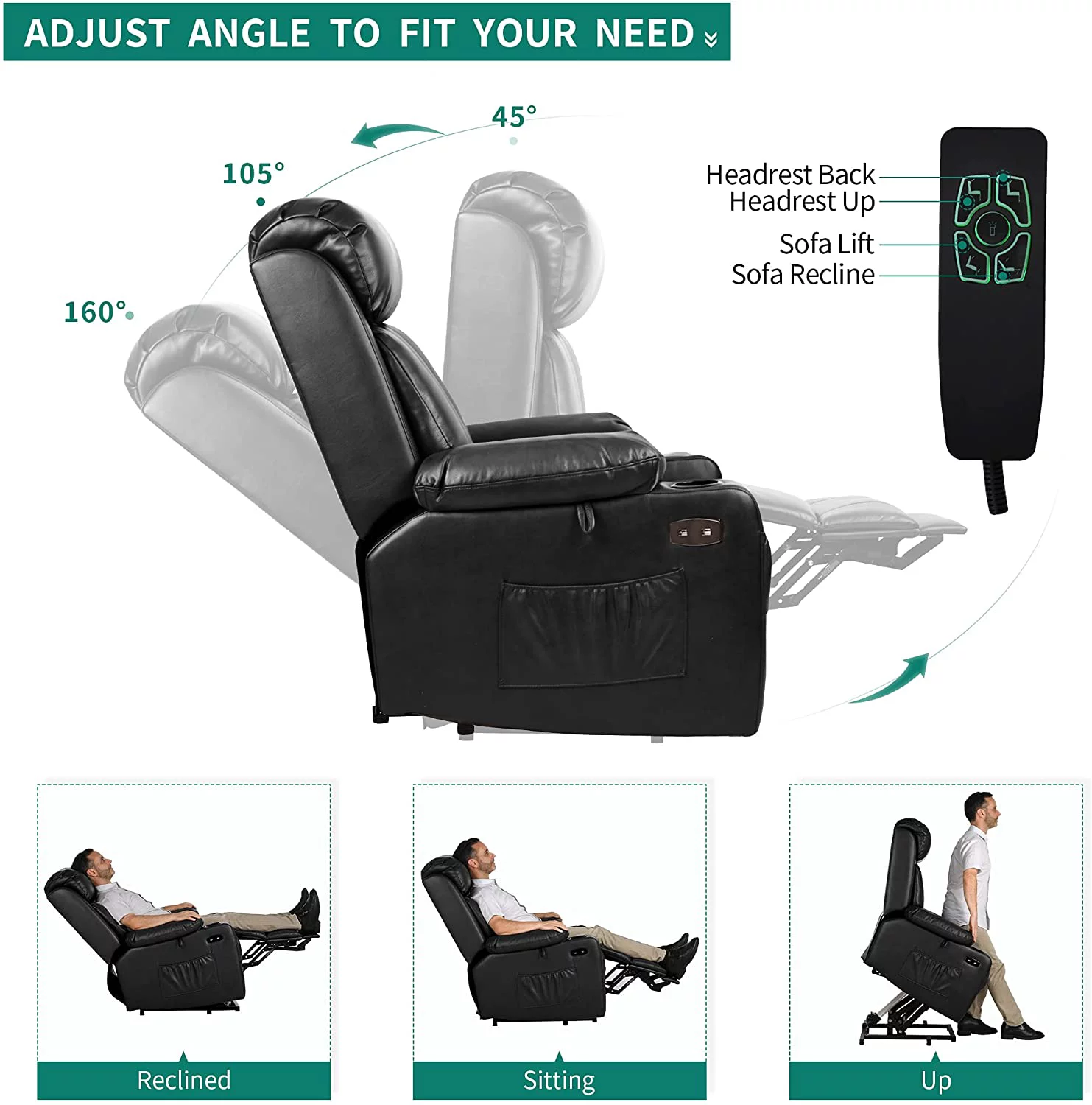 DWVO Power Lift Recliner Chair with Extended Footrest , Faux Leather Recliner Chair with Massage Heat, Remote Control for Living Room ,Black