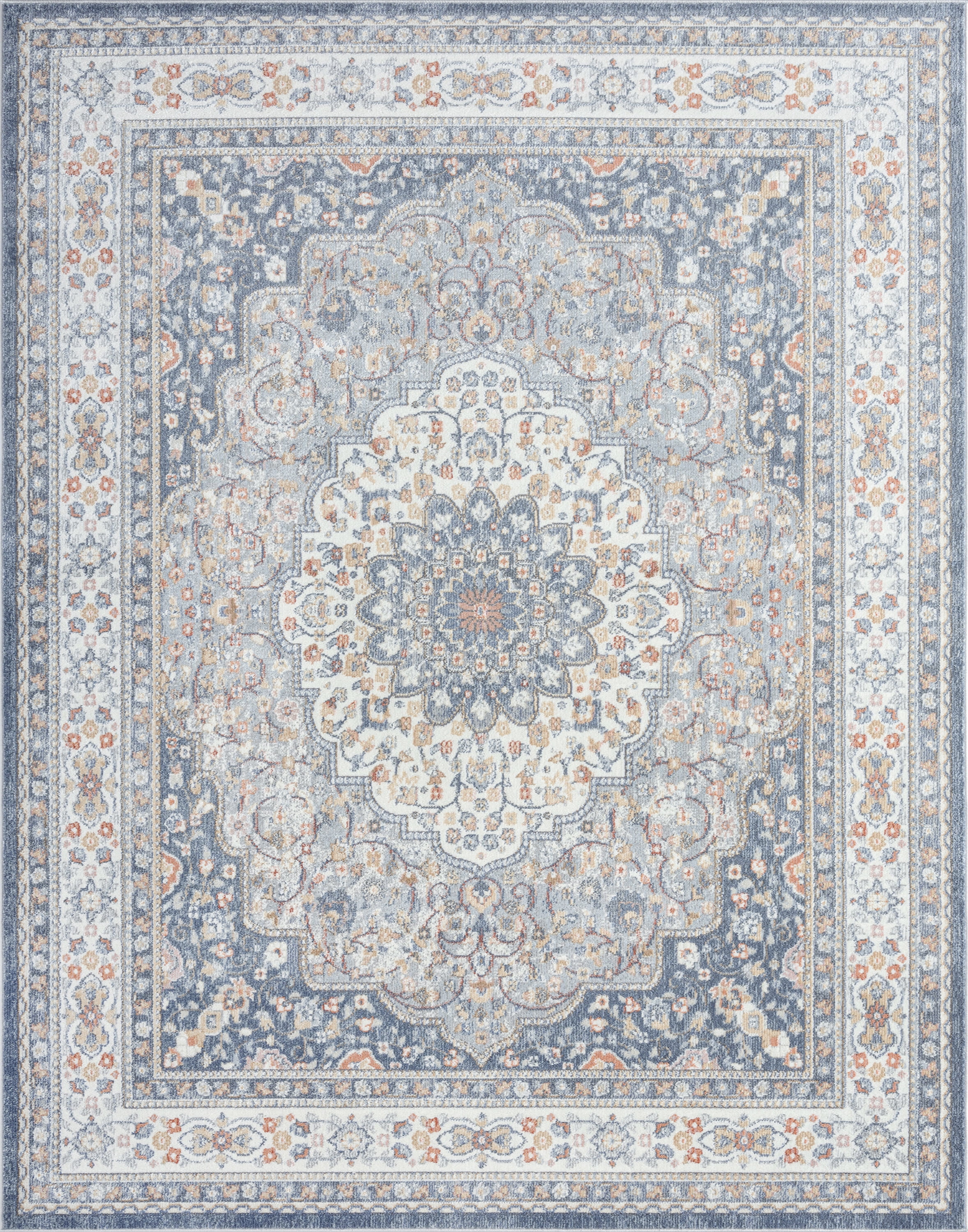 Traditional 5x8 Area Rug (5'3'' x 7'3'') Medallion Navy, Gray Living Room Easy to Clean