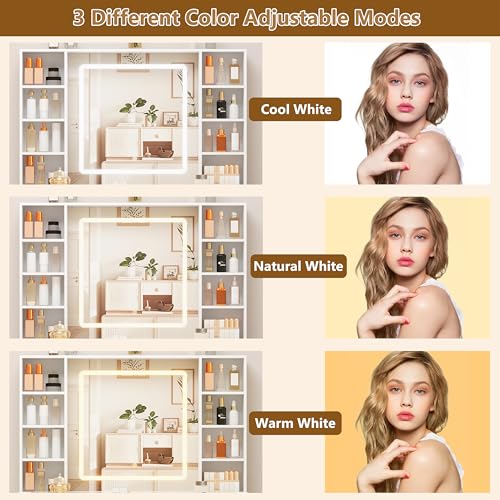 White Vanity Desk with Mirror and Lights, Glass Top Vanity with Lighted Mirror & RGB Glass Cabinet and 3 Drawers