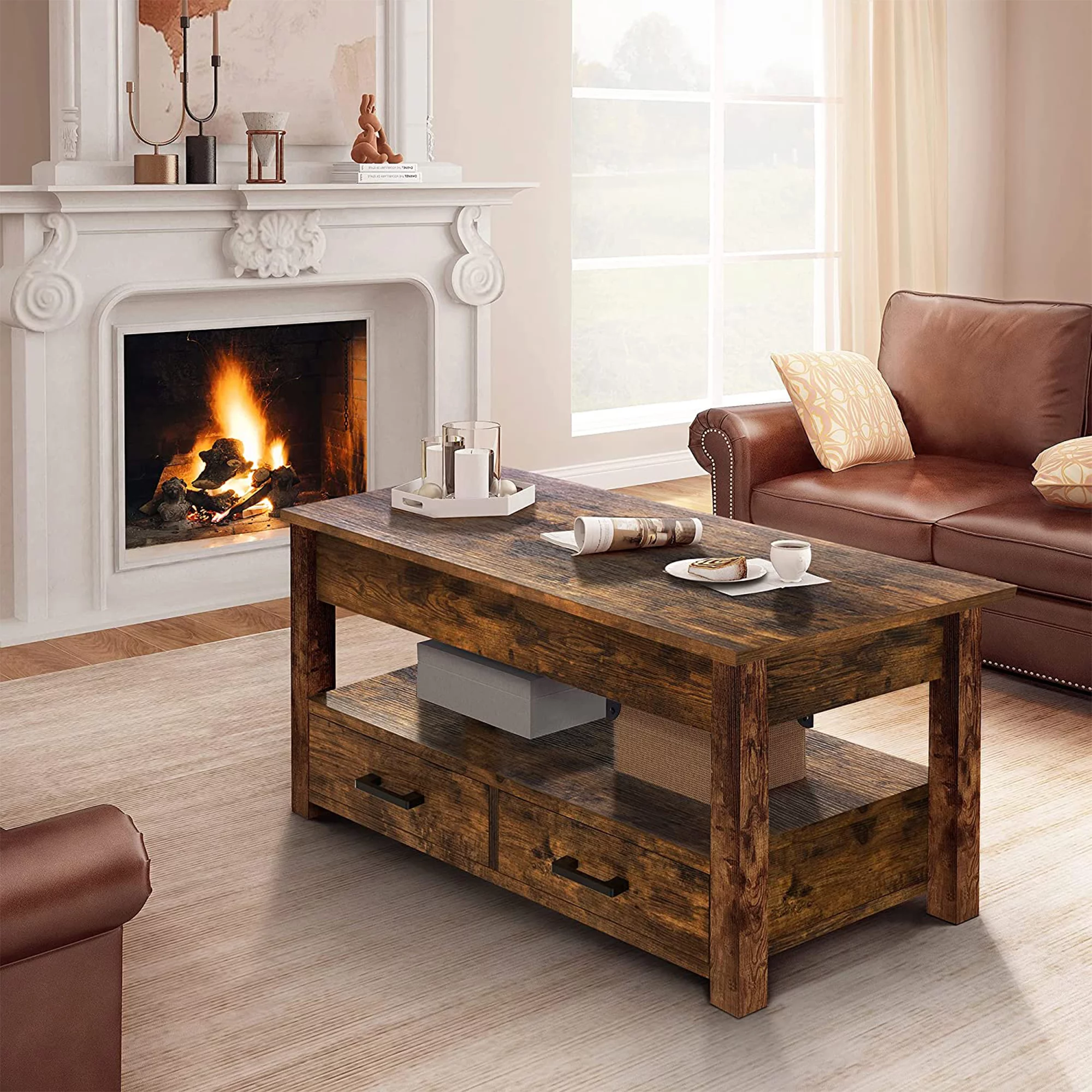 FABATO 23 In Lift Top Rustic Open Storage Coffee Table w/ 2 Drawers, Brown