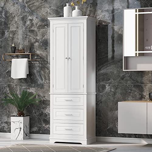 Tall Bathroom Storage Cabinet with 2 Door, Freestanding Floor Cabinet with 3 Drawers and Adjustable Shelves, Large White Linen Cabinet for Bathroom