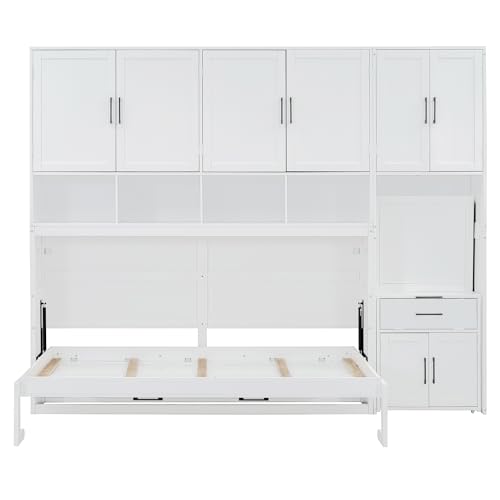 Harper & Bright Designs Twin Size Murphy Bed, Wooden Twin Wall Bed Frame with Closet, Drawers & Desk, White