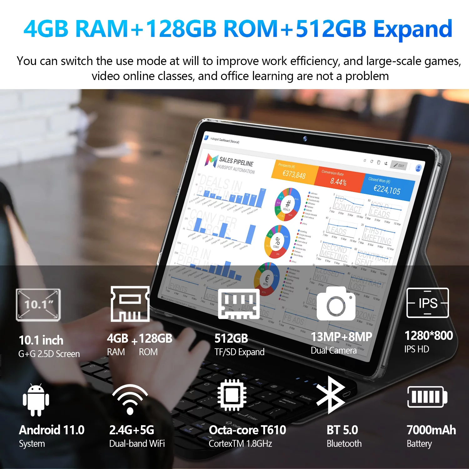 Android 12 Tablet 10.1 inch 128GB Tablet, 2024 Latest Update Octa-Core with Keyboard, Dual 13MP+8MP Camera, 5G WiFi, Bluetooth, GPS