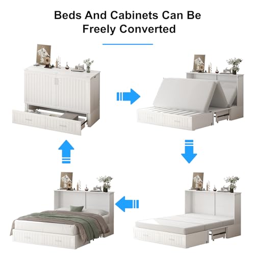 Queen Murphy Bed, Murphy Cabinet Bed with Tri-fold Mattress & USB Charging Station, Murphy Chest Bed with 2 Storage Drawer