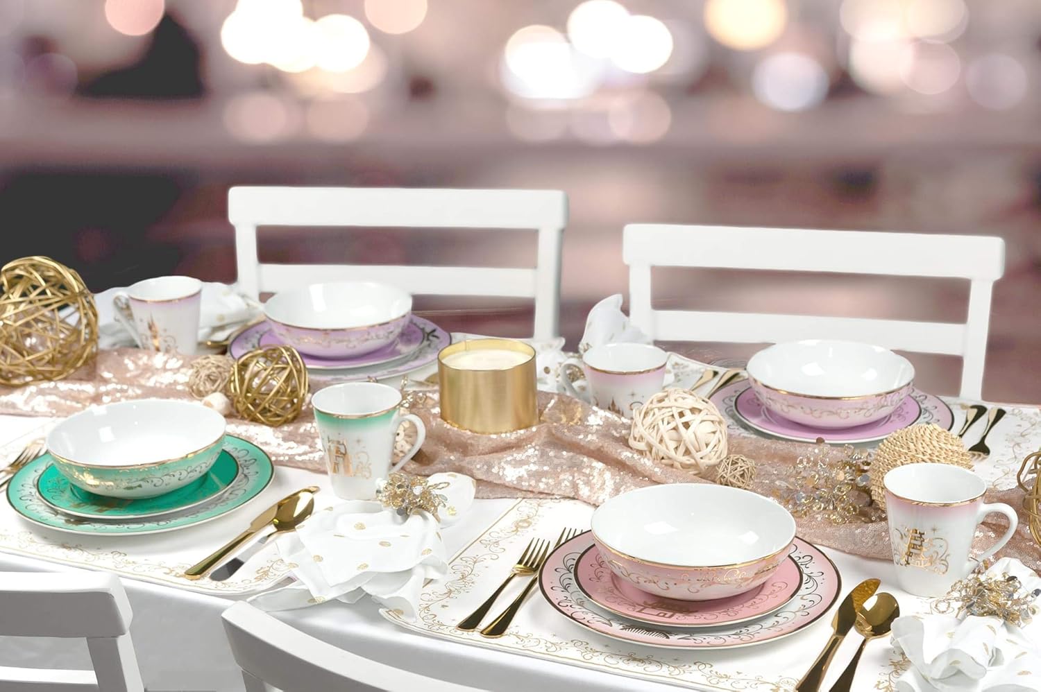 Disney Themed Dinnerware Set - 16 Ceramic Dishes, 4 Place Settings | Collection 2 | Featuring Princesses Tiana, Rapunzel, Aurora