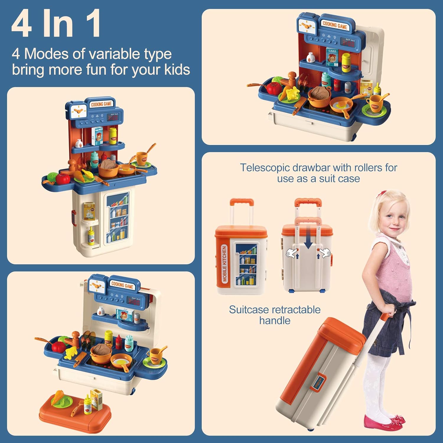 GRESAHOM Kitchen Playset for Kids,4 in 1 Kitchen & Grill Role Pretend Play Toys Travel Suitcase with 41pcs Realistic Cooking Accessories,Lights