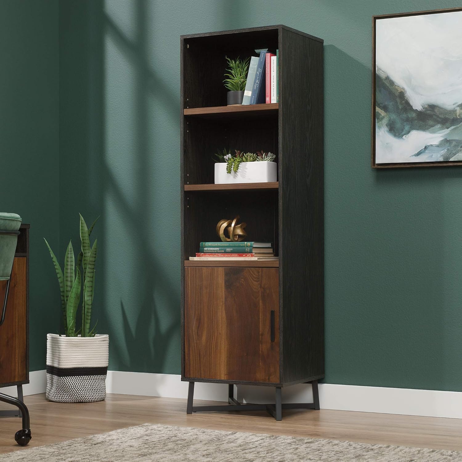 Sauder Canton Lane Bookcase with Door, L: 17.99 x W: 15.55 x H: 60.12, Brew Oak Finish