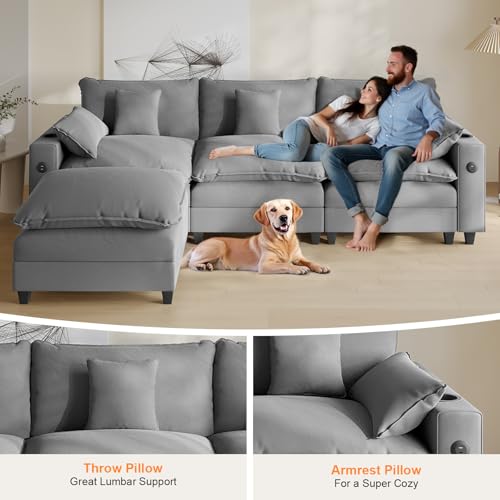 Modular Sectional Sofa, Cloud Couch with Ottoman, Charging Station, Throw Pillows, Cup Holders, Modern Convertible U Shaped Couches for Living Room