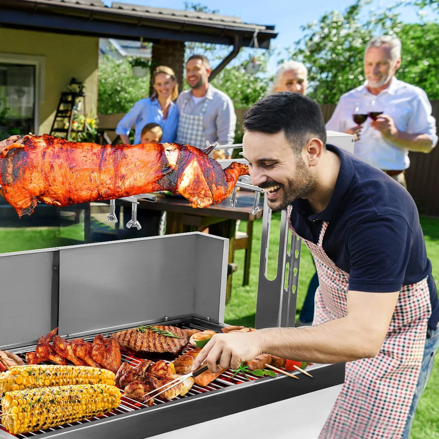176LBS Stainless Steel Rotisserie Grill with Back Cover Guard, 25W Motor Small Pig Lamb Rotisserie Roaster