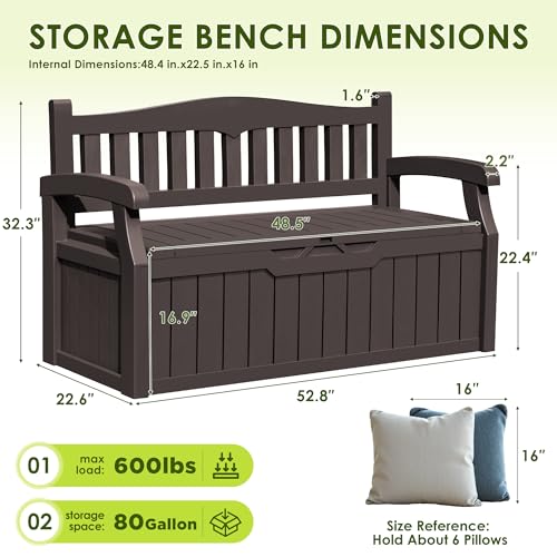 Greesum 80 Gallon Outdoor Storage Bench, Resin Patio Furniture with Armrest,Waterproof and UV-Resistant, Perfect to Garden, Poolside and Lawn
