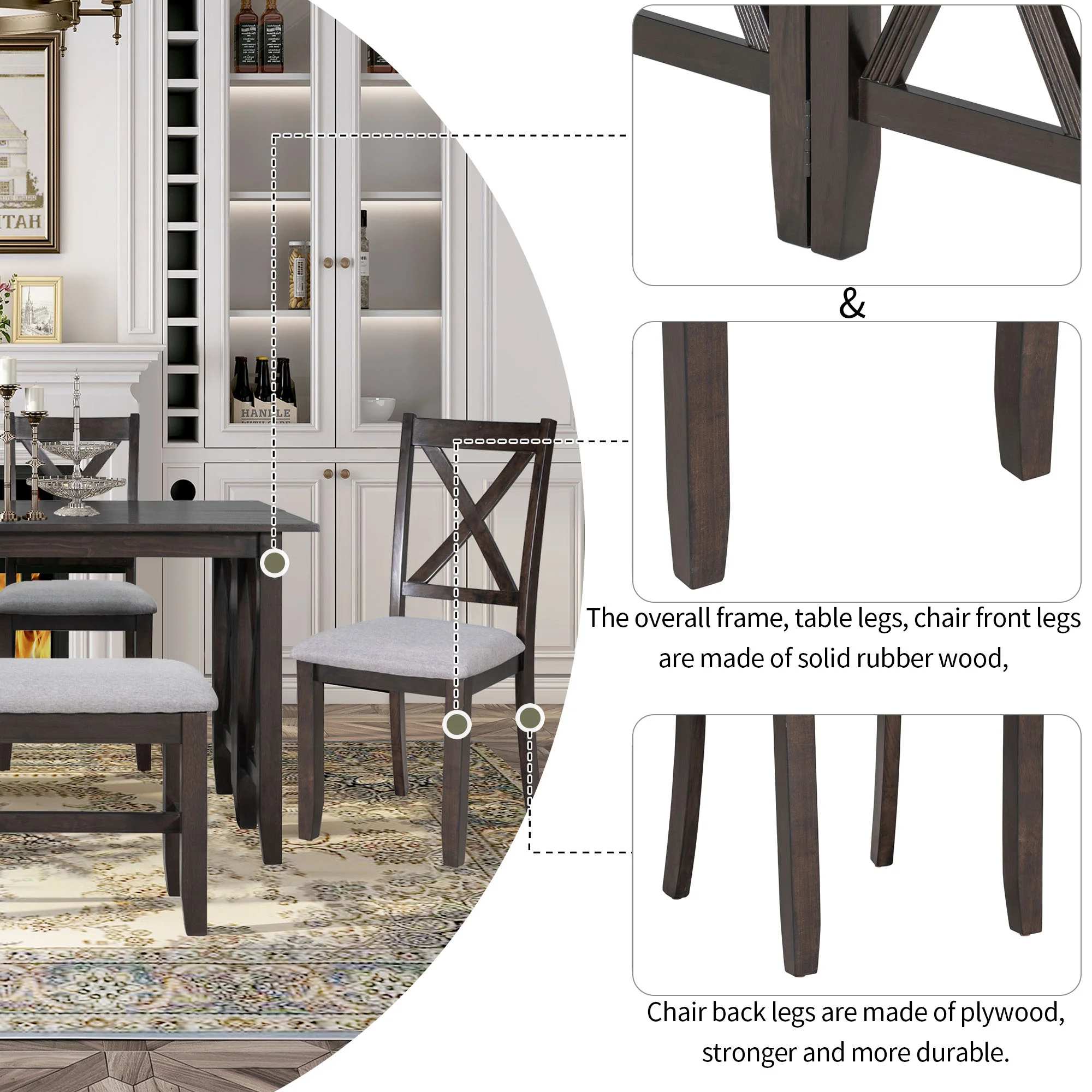 6 Pieces Dining Table Set, HSUNNS Foldable Wood Kitchen Table Set for 6 with Bench and 4 Cushioned Chairs