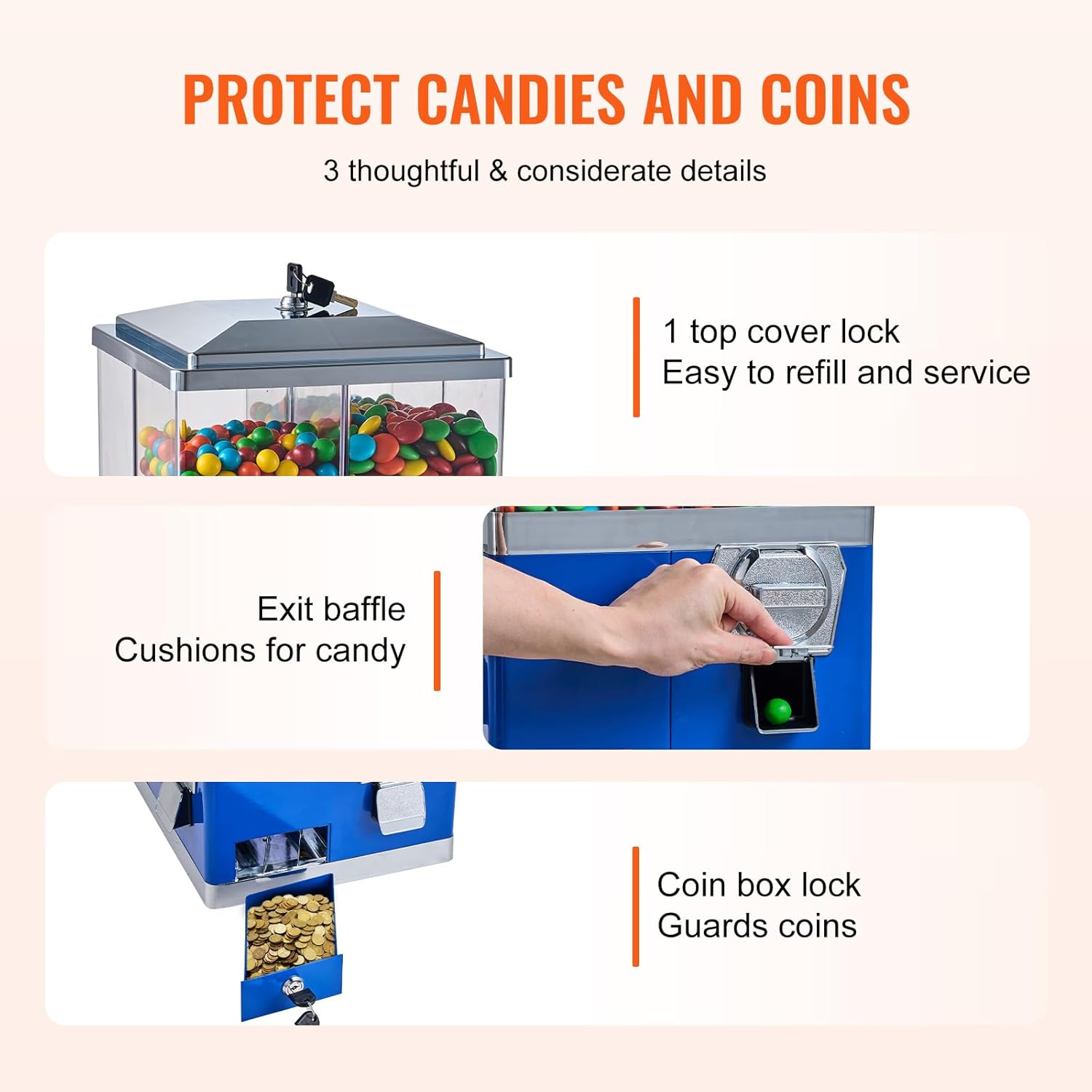 VEVOR Commercial Vending Machine, Four Compartment Rotatable Gumball and Candy Dispenser, Adjustable Height Coin Operated Candy Bank with Iron Stand