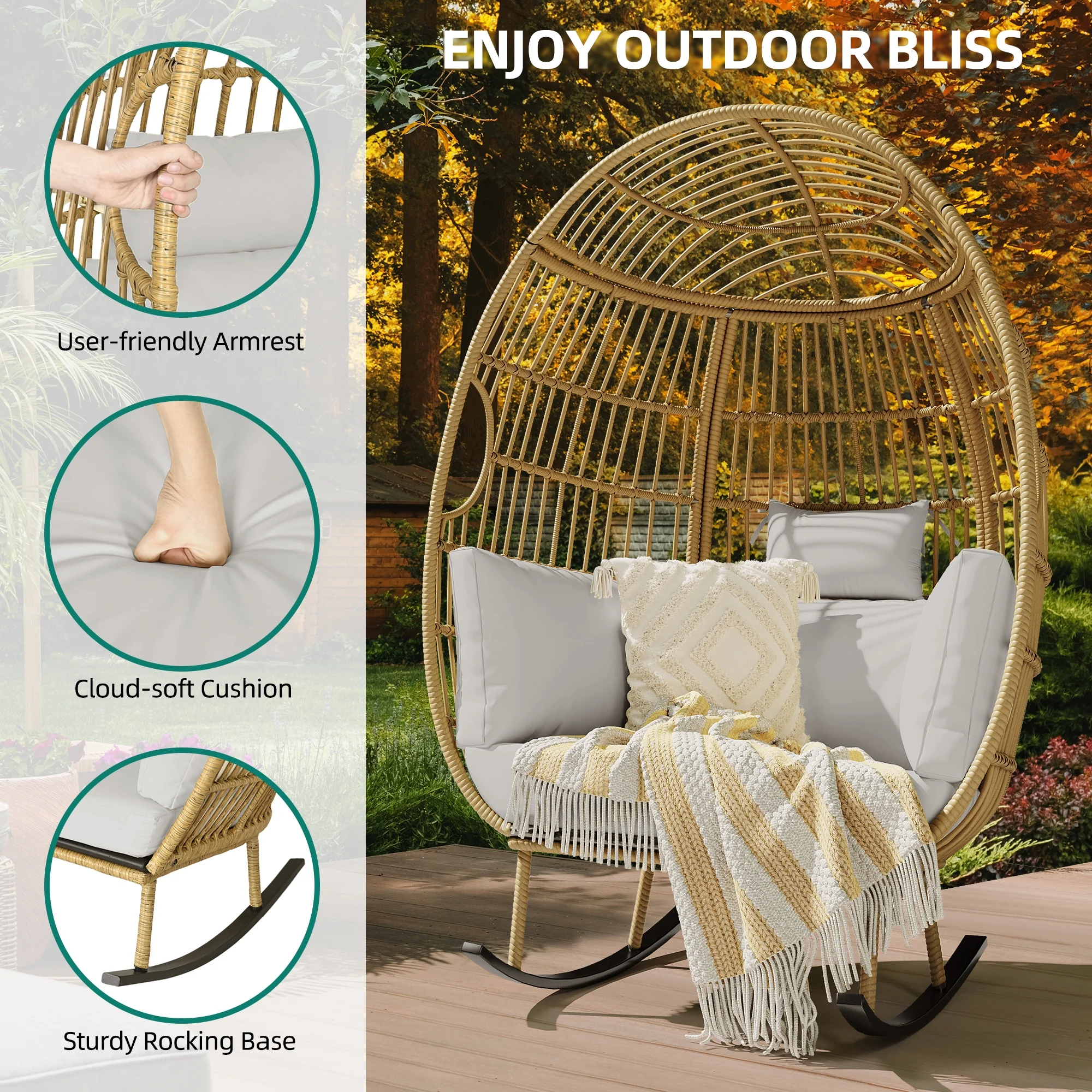 Dextrus Indoor Outdoor Rocking Egg Chair, Wicker Patio Rocking Basket Chair with 385lbs Capacity, All-Weather Oversized Egg Lounger Chair - Grey