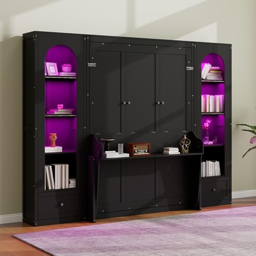 Queen Size Murphy Bed with Desk, Horizontal Wall Bed with Storage Side Cabinets, Drawers and LED Light, Wood Hideaway Wall Bed Frame with Shelves