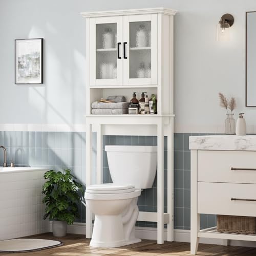 Over The Toilet Storage Cabinet, Over Toilet Bathroom Organizer with Glass Doors and Adjustable Shelf