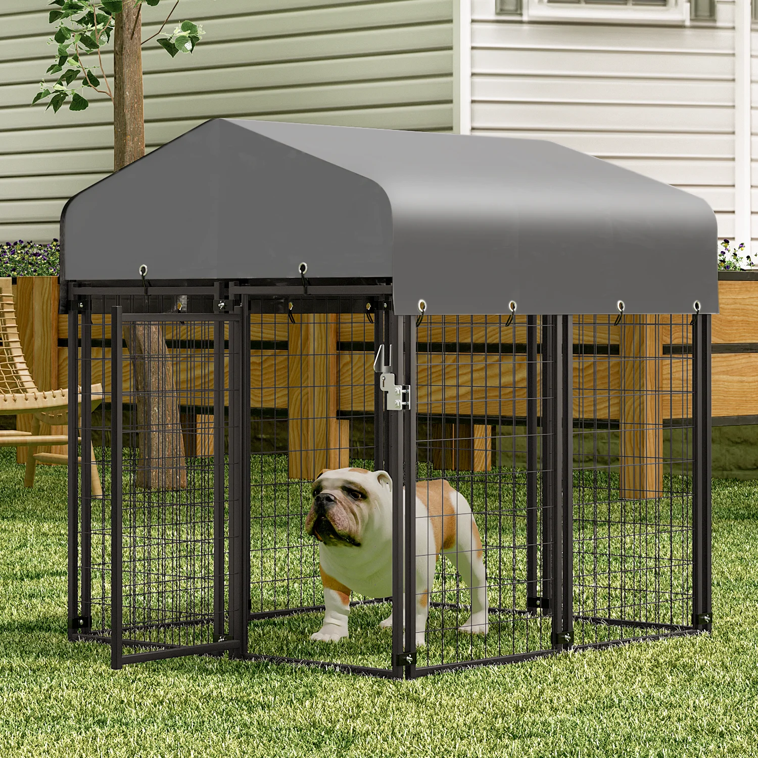 MoNiBloom 4ft x 4.25ft x 4.5ft Outdoor Dog Kennel with UV Protection Waterproof Cover and Roof