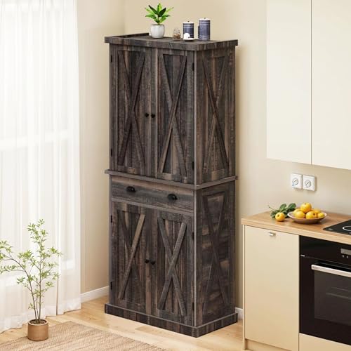 YITAHOME 72'' Tall Kitchen Pantry Cabinets, Farmhouse Storage Cabinets with Barn Doors, Drawer ＆ Adjustable Shelves