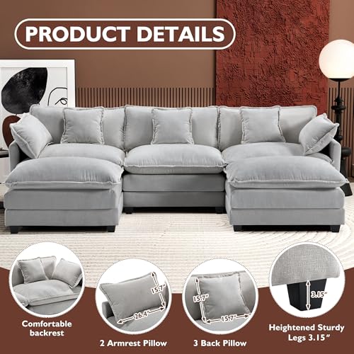Ihanherry 111.4" U Shaped Modern Cloud Sofa Modular Sectional Couch with 2 Ottoman, 5-Seat Chenille Deep Seat Sofa with Pillow for Living Room
