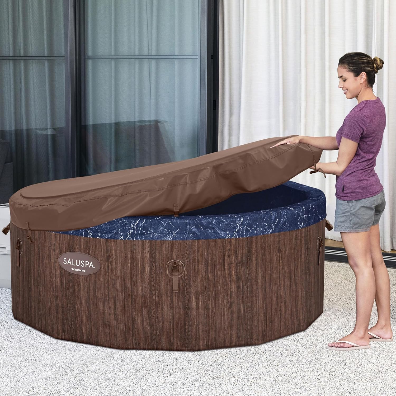 Bestway SaluSpa Toronto Smart AirJet Plus Hot Tub with App Control, 7 Person Capacity, Pool Cover, Spa Pump, 5 Pillows, and Repair Patch, Brown
