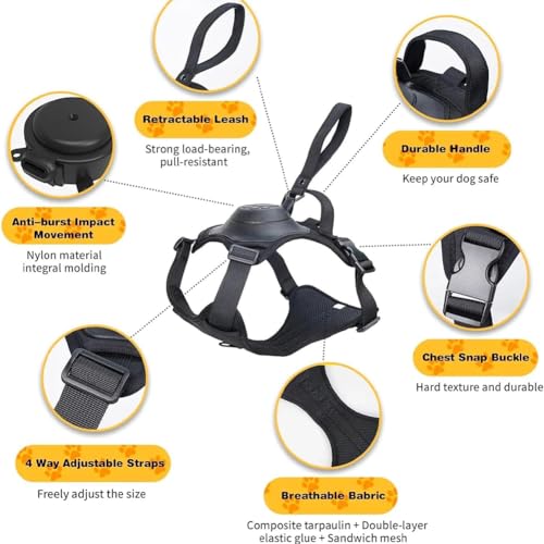 Poochbark 3 in 1 Dog Harness with Built-in Leash, Dog Harness with Retractable Leash, Adjustable Soft Padded Dog Vest, Auto-Lock & No-Pull Control